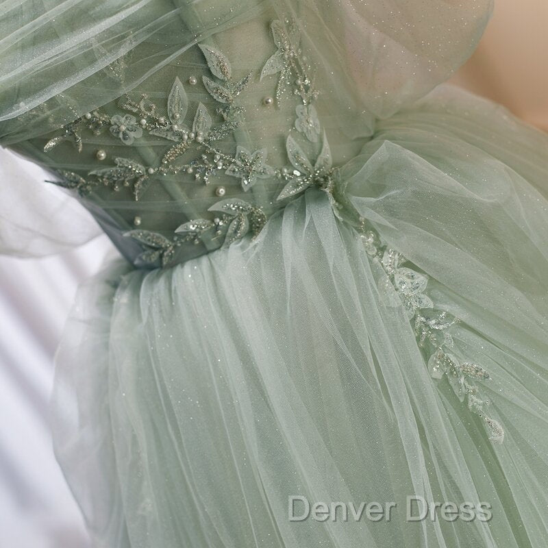 Light Green Tulle Beaded Ball Gowns Off Shoulder Prom Dress, Green Sweet 16 Dresses