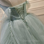 Light Green Tulle Beaded Ball Gowns Off Shoulder Prom Dress, Green Sweet 16 Dresses