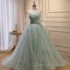 Light Green Tulle Beaded Ball Gowns Off Shoulder Prom Dress, Green Sweet 16 Dresses