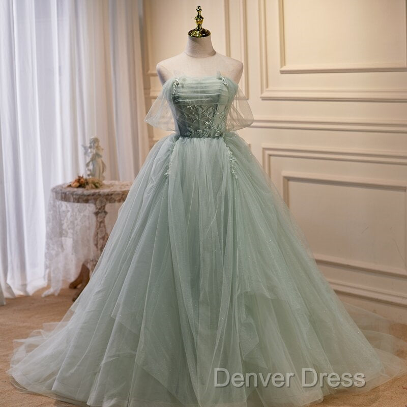 Light Green Tulle Beaded Ball Gowns Off Shoulder Prom Dress, Green Sweet 16 Dresses