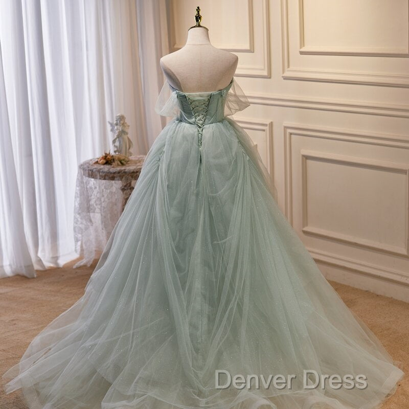 Light Green Tulle Beaded Ball Gowns Off Shoulder Prom Dress, Green Sweet 16 Dresses