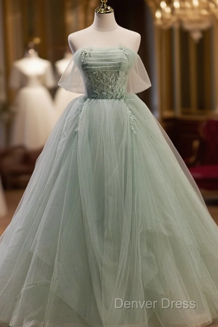 Light Green Tulle Beaded Ball Gowns Off Shoulder Prom Dress, Green Sweet 16 Dresses Main image