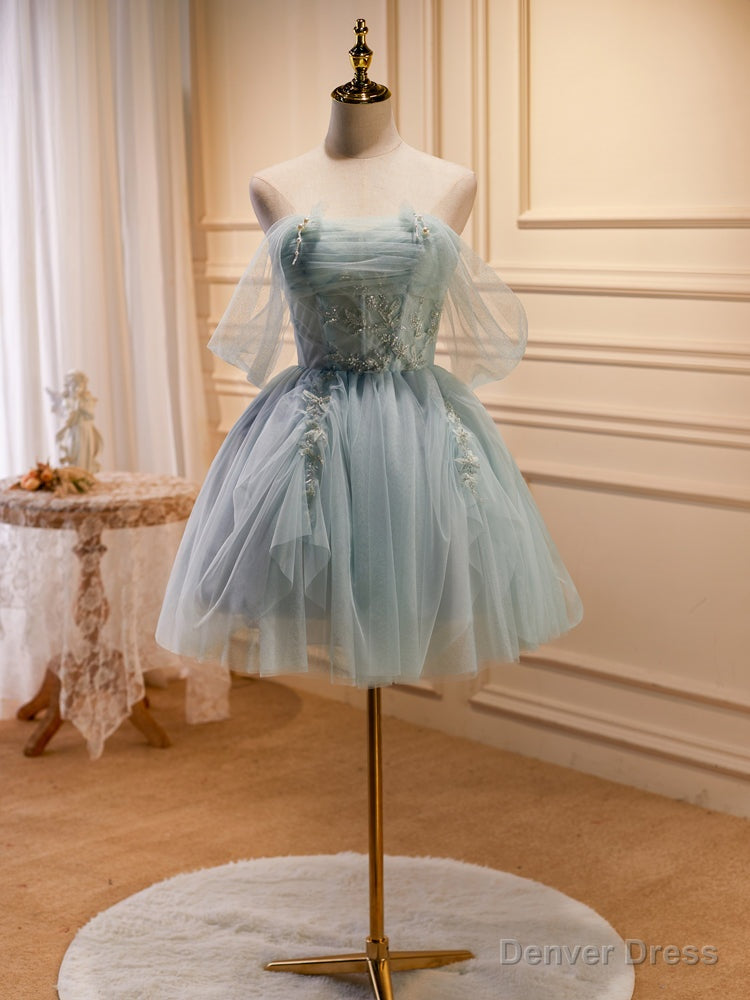 Light Green Tulle Beaded Short Prom Dress, Green Tulle Prom Dress Homecoming Dresses