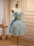 Light Green Tulle Beaded Short Prom Dress, Green Tulle Formal Dress Homecoming Dress