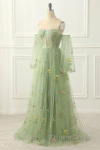 Light Green Tulle Floral Sleeves Long Party Dresses, A-Line Light Green Prom Dresses
