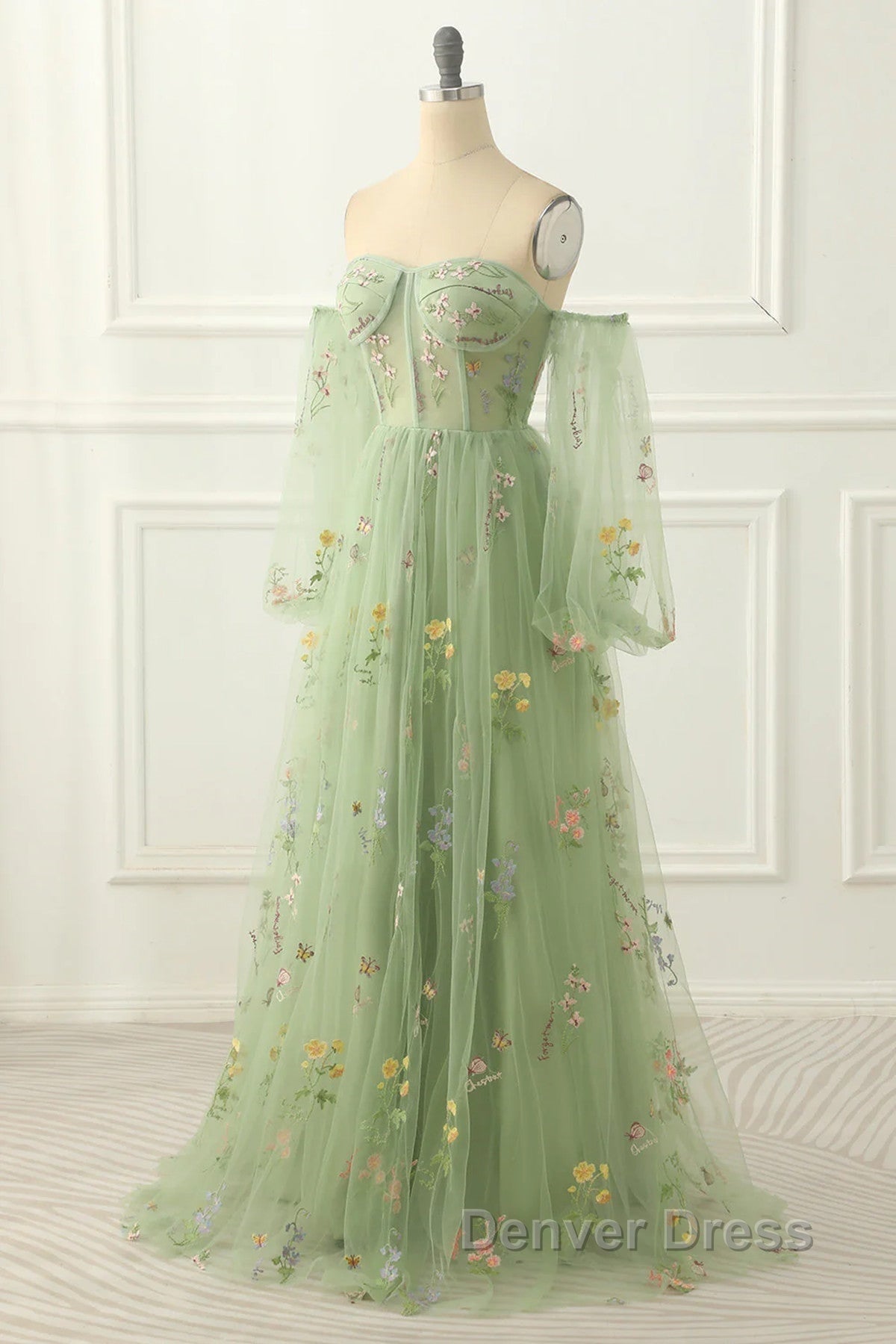 Light Green Tulle Floral Sleeves Long Party Dresses, A-Line Light Green Prom Dresses