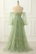Light Green Tulle Floral Sleeves Long Party Dresses, A-Line Light Green Prom Dresses