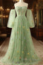 Light Green Tulle Floral Sleeves Long Party Dresses, A-Line Light Green Prom Dresses