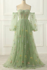 Light Green Tulle Floral Sleeves Long Party Dress, A-Line Light Green Prom Dress