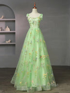 Light Green Tulle Floral Straps Long Formal Dresses, Light Green Prom Dresses