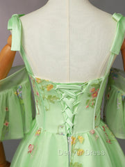 Light Green Tulle Floral Straps Long Formal Dresses, Light Green Prom Dresses