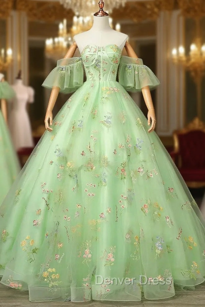 Light Green Tulle Floral Straps Long Formal Dresses, Light Green Prom Dresses Main image