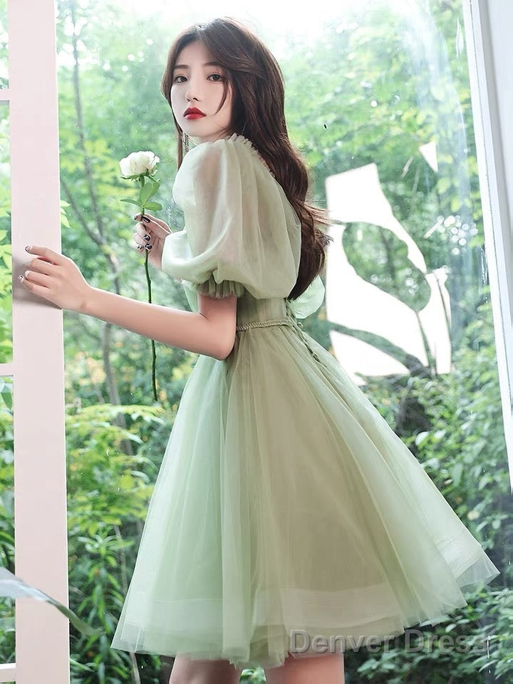 Light Green Tulle Knee Length Off Shoulder Prom Dress Prom Dress, Green Homecoming Dresses Secondary image