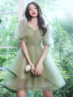 Light Green Tulle Knee Length Off Shoulder Prom Dress Prom Dress, Green Homecoming Dresses