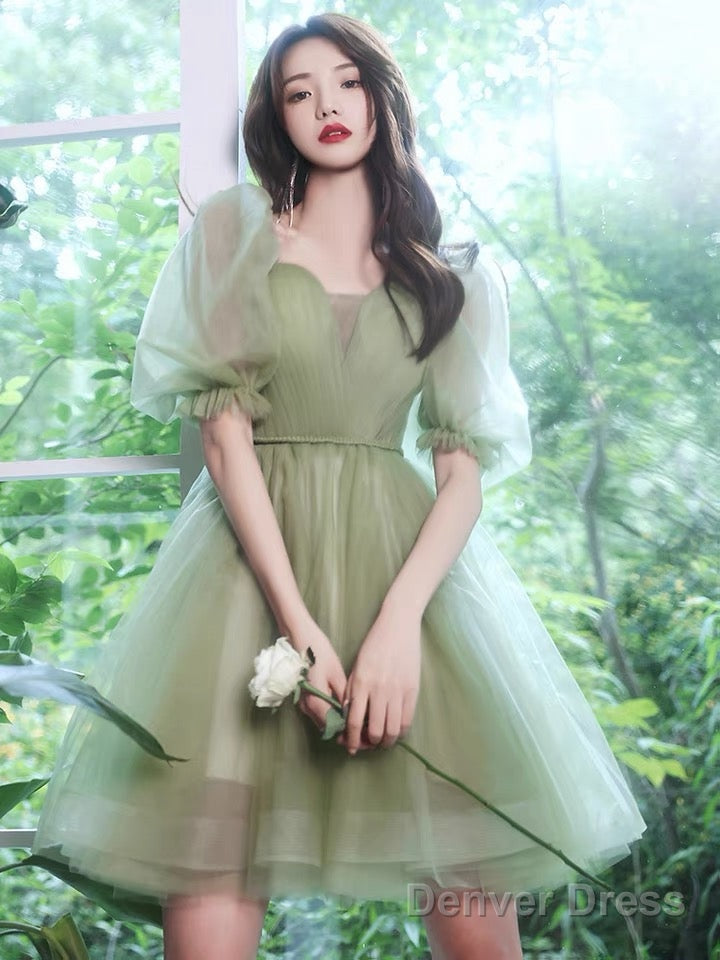 Light Green Tulle Knee Length Off Shoulder Prom Dress Prom Dress, Green Homecoming Dresses