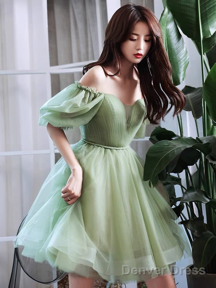 Light Green Tulle Knee Length Off Shoulder Prom Dress Prom Dress, Green Homecoming Dresses Main image