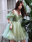 Light Green Tulle Knee Length Off Shoulder Prom Dress Prom Dress, Green Homecoming Dresses