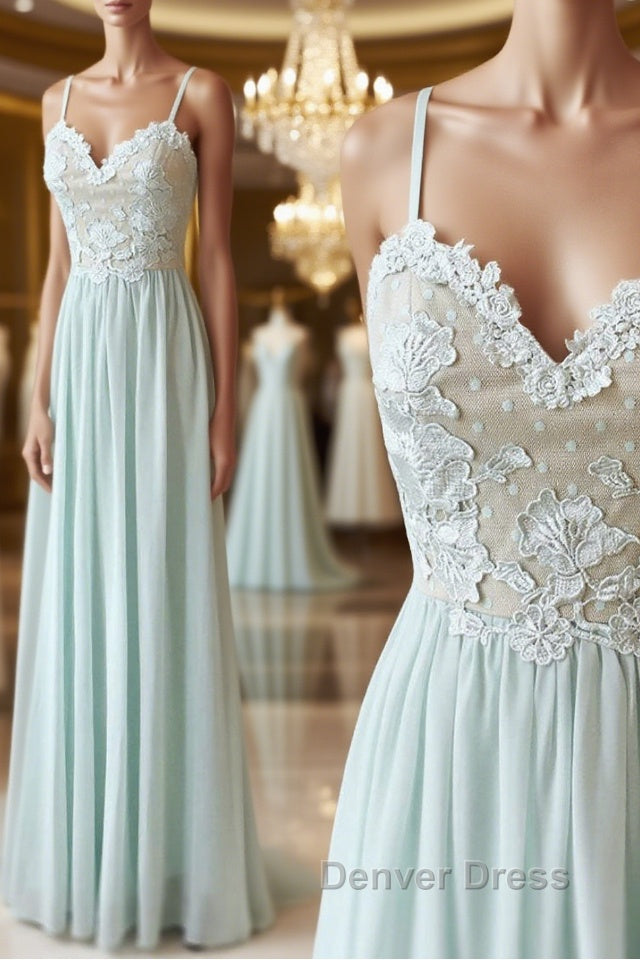 Light green tulle lace long prom Dress, green Prom Dresses Main image