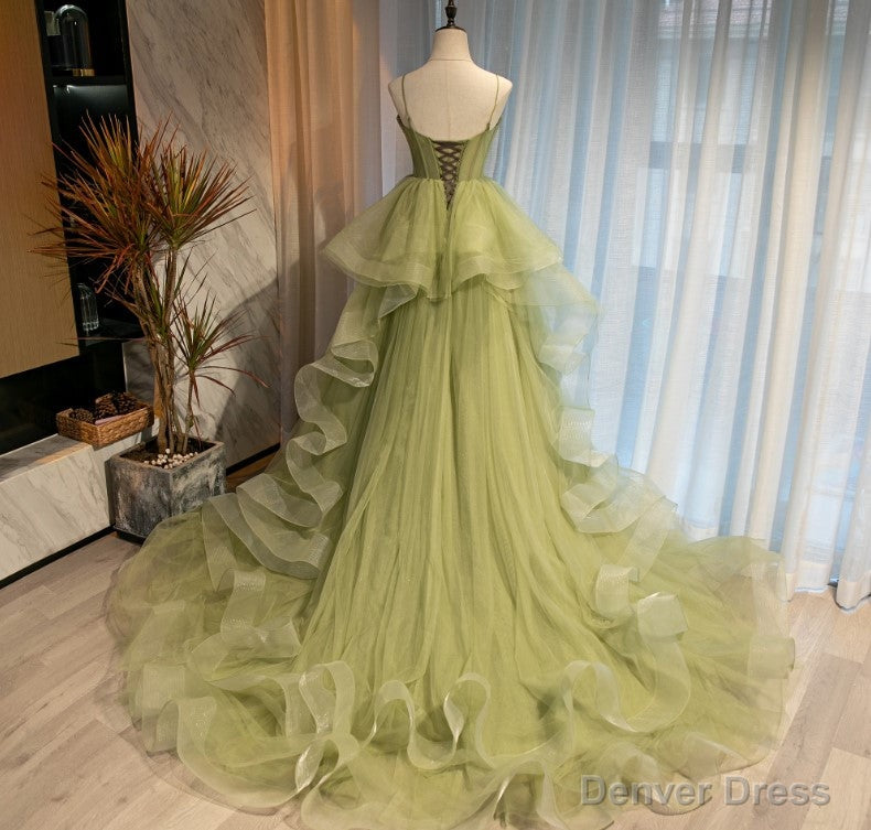 Light Green Tulle Layers Ball Gowns Wedding Prom Dress, Long Prom Dress