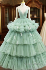 Light Green Tulle Layers Low Back Prom Dresses Sweet 16 Dresses Quinceanera Dresses