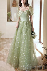 Light Green Tulle Long Formal Gown Party Dress Evening Prom Dresses Short Sleeves Prom Dress