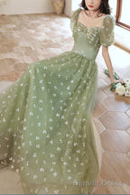 Light Green Tulle Long Formal Gown Party Dress Evening Prom Dresses Short Sleeves Prom Dress