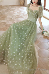 Light Green Tulle Long Formal Gown Party Dress Evening Prom Dresses Short Sleeves Prom Dress
