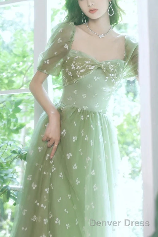 Light Green Tulle Long Formal Gown Party Dress Evening Prom Dresses Short Sleeves Prom Dress
