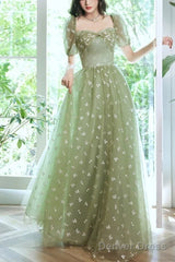 Light Green Tulle Long Formal Gown Party Dress Evening Prom Dresses Short Sleeves Prom Dress