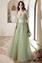 Light Green Tulle Long Formal Gown  Party Dresses, Green Evening Prom Dresses