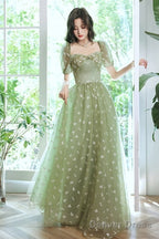 Light Green Tulle Long Formal Gown  Party Dresses, Green Evening Prom Dresses