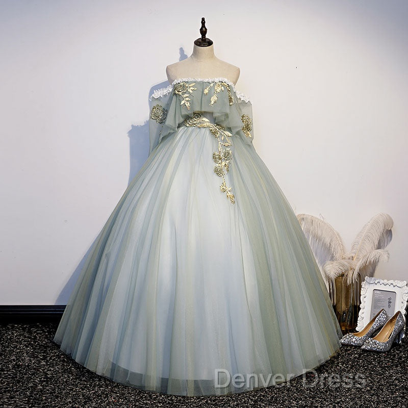Light Green Tulle Long Party Dresses Sweet 16 Dresses, Off Shoulder Prom Dresses Secondary image