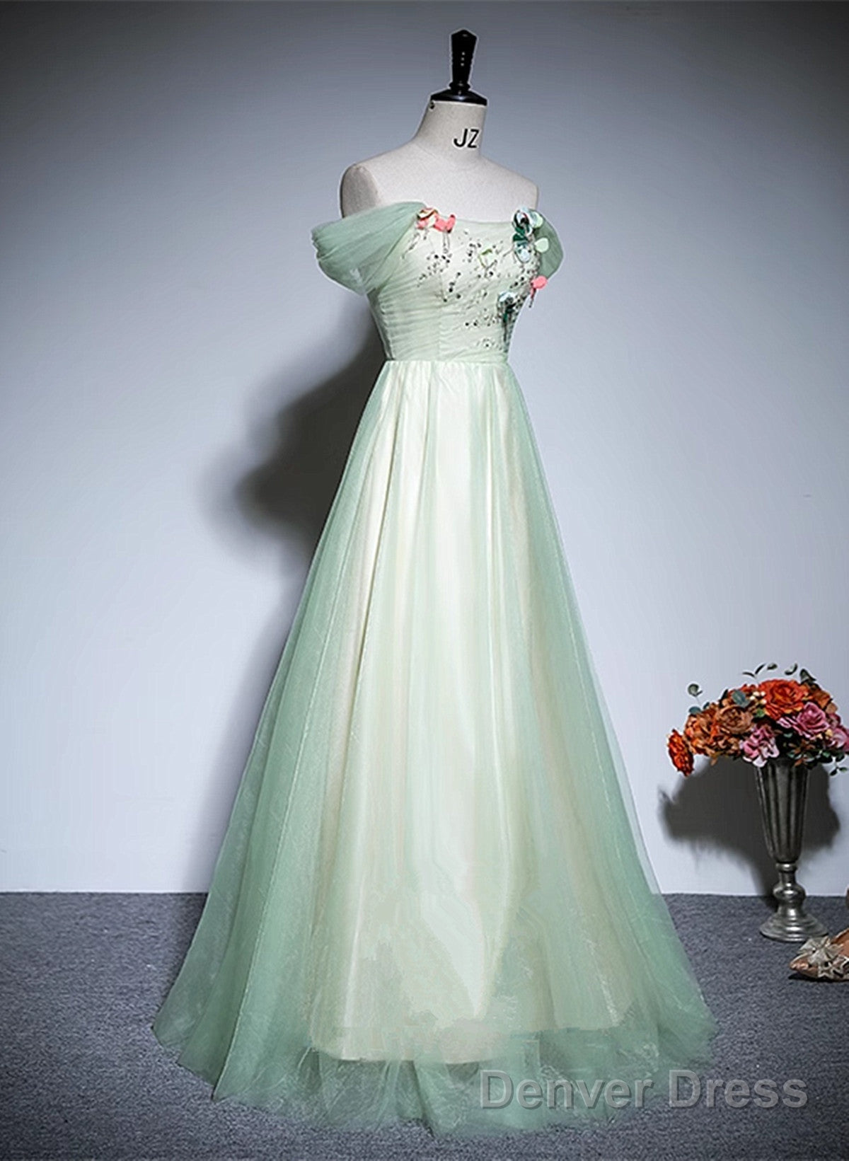 Light Green Tulle Off Shoulder A-Line Prom Dress, Light Green Flowers Long Evening Dress Secondary image