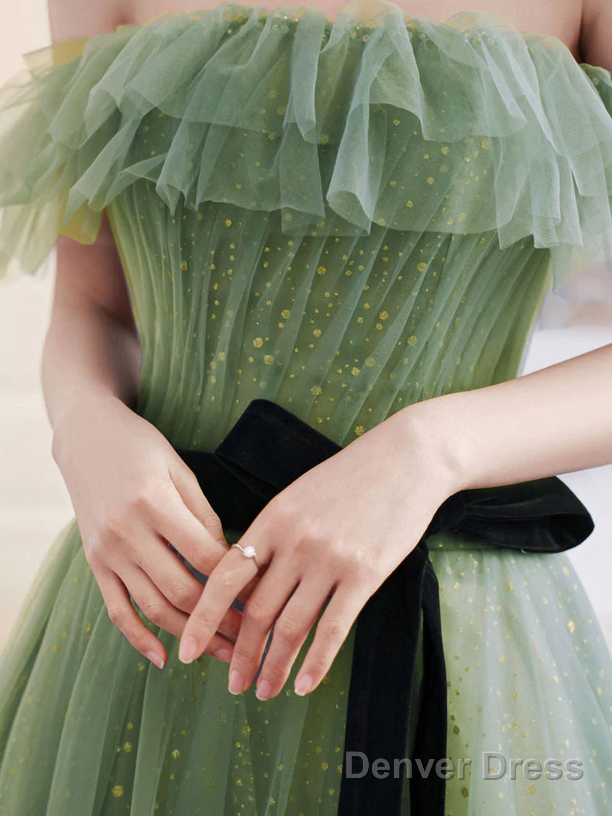 Light Green Tulle Off Shoulder Shiny Tulle Party Dress, Green Long Prom Dress Secondary image