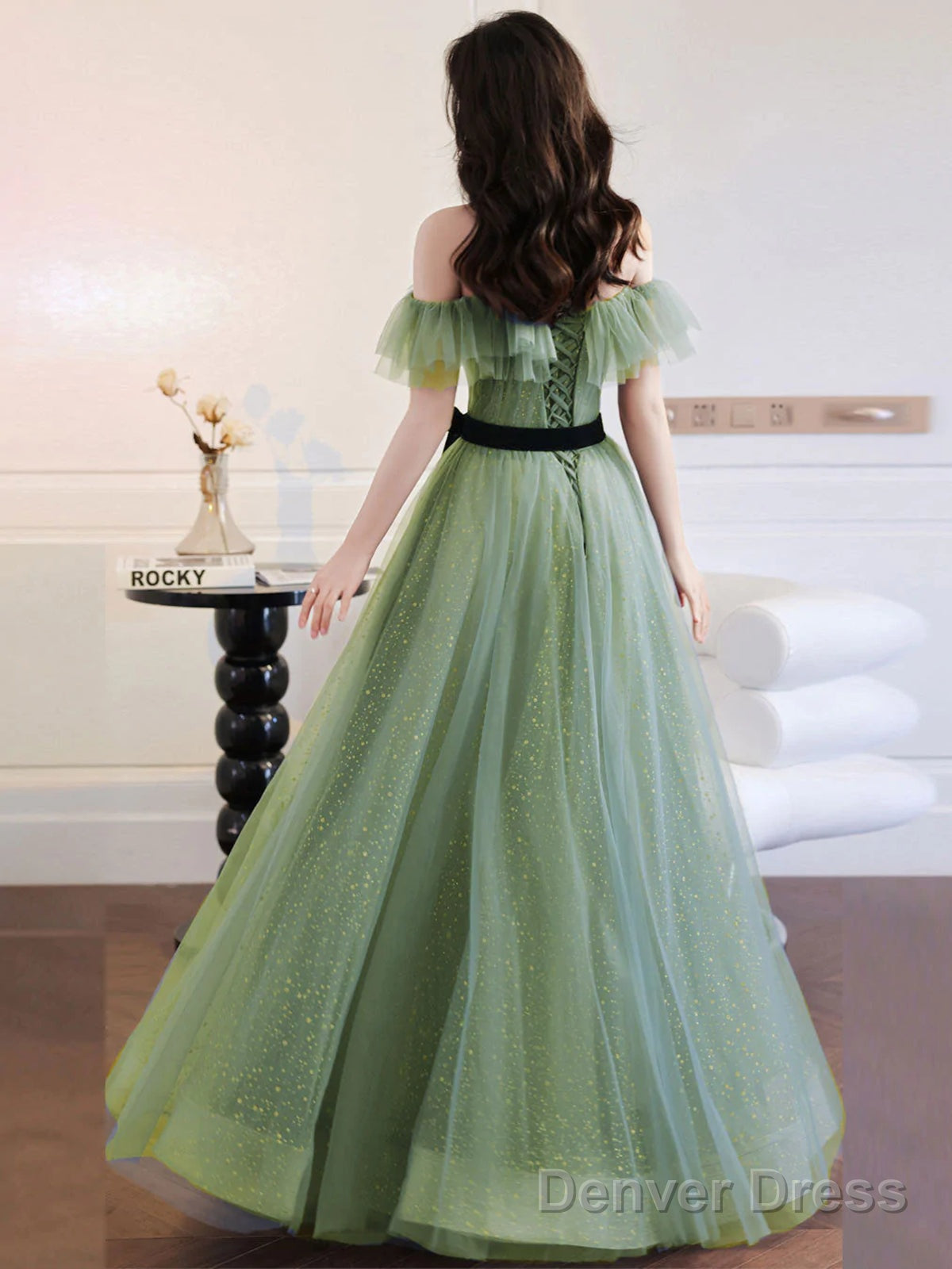 Light Green Tulle Off Shoulder Shiny Tulle Party Dress, Green Long Prom Dress