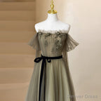 Light Green Tulle Off Shoulder with Flowers A Line Prom Dresses, Green Prom Gown