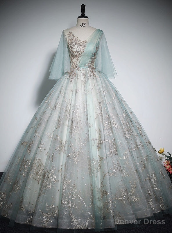 Light Green Tulle Sequins V-neck Quinceanera Dress