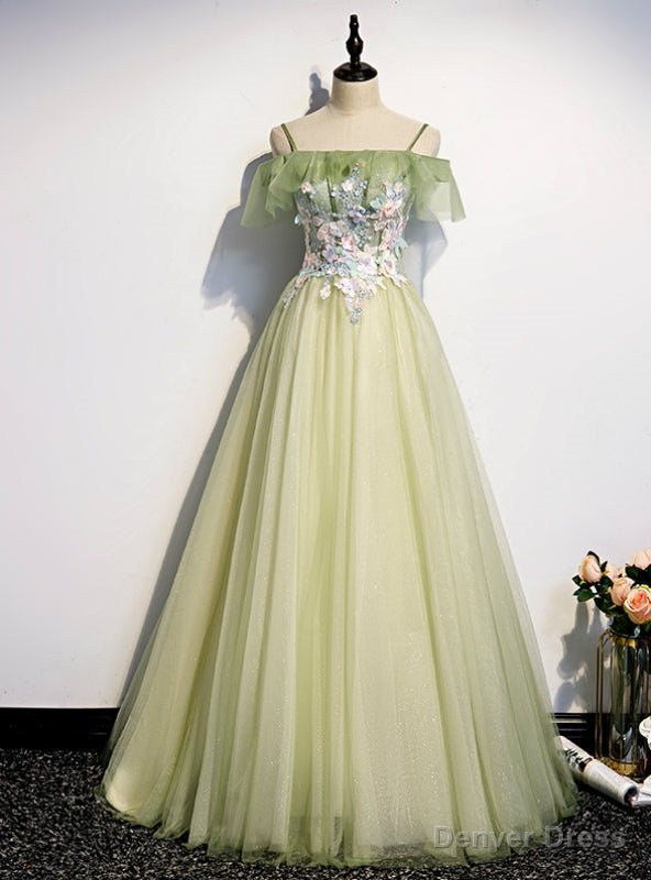 Light Green Tulle Spaghetti Straps Appliques Prom Dresses Main image