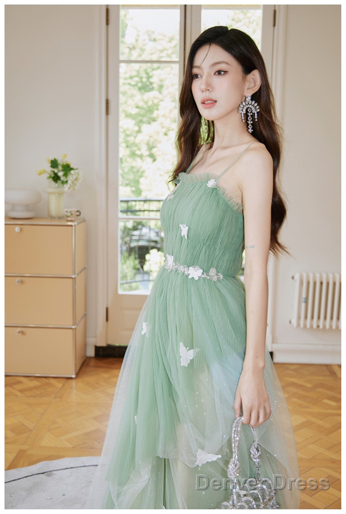 Light Green Tulle Straps Long Prom Dress, Light Green A-Line Party Dress