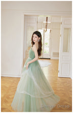Light Green Tulle Straps Long Prom Dress, Light Green A-Line Party Dress