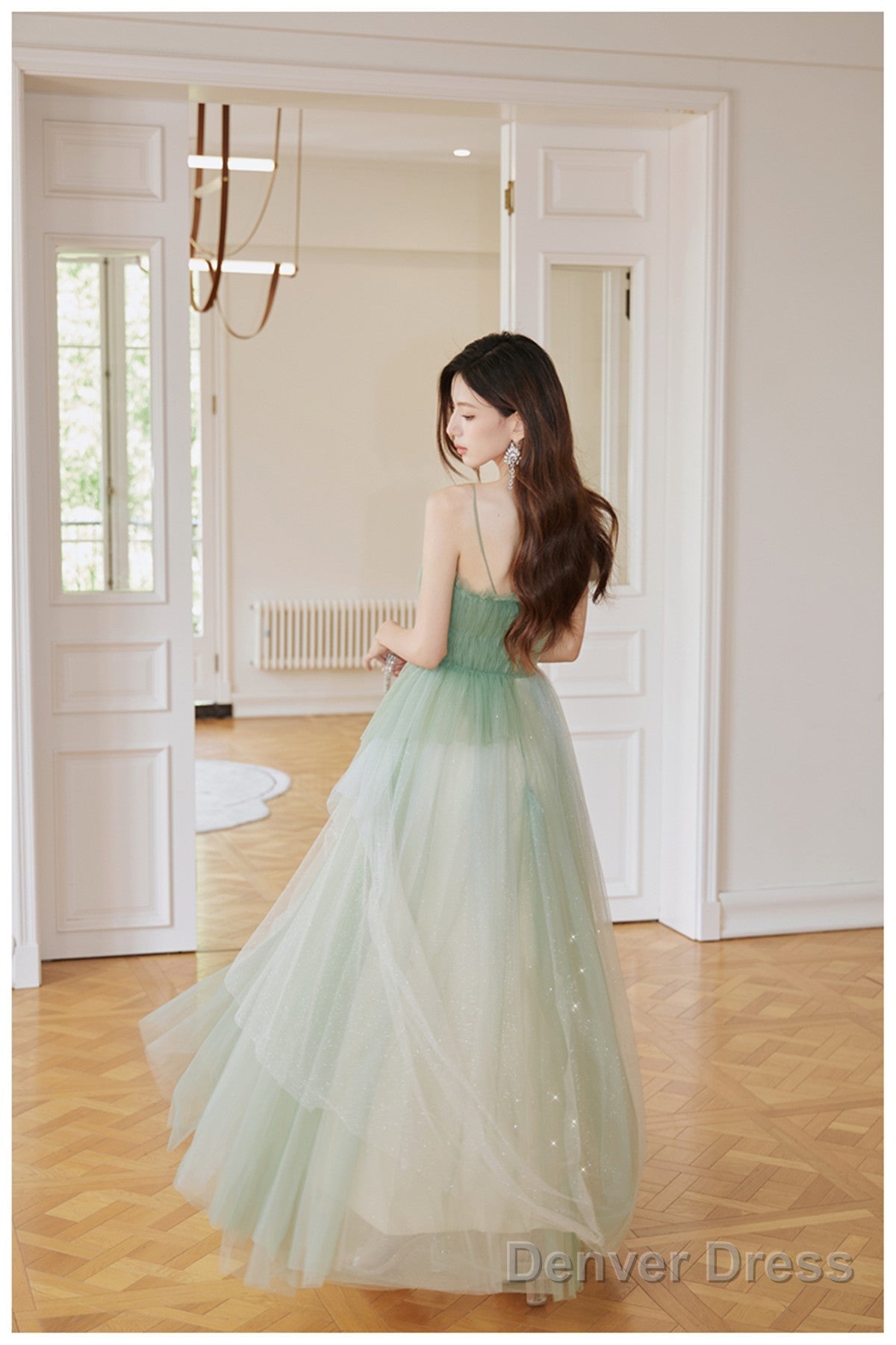 Light Green Tulle Straps Long Prom Dress, Light Green A-Line Party Dress