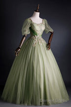 Light Green Tulle With Gold Lace Short Sleeves Prom Dresses, Light Green Sweet 16 Gowns