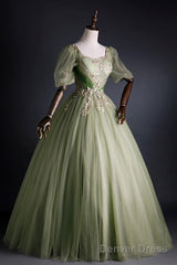 Light Green Tulle With Gold Lace Short Sleeves Formal Dress, Light Green Sweet 16 Gown