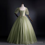 Light Green Tulle With Gold Lace Short Sleeves Prom Dresses, Light Green Sweet 16 Gowns