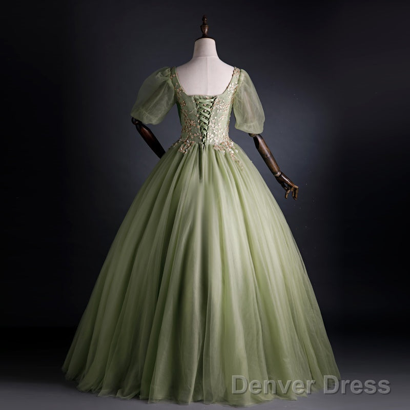 Light Green Tulle With Gold Lace Short Sleeves Prom Dresses, Light Green Sweet 16 Gowns