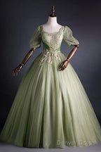 Light Green Tulle With Gold Lace Short Sleeves Prom Dresses, Light Green Sweet 16 Gowns