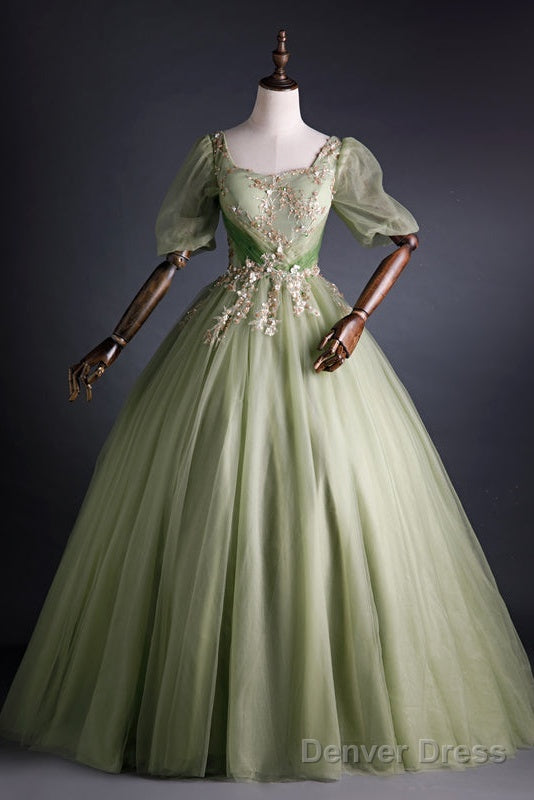 Light Green Tulle With Gold Lace Short Sleeves Prom Dresses, Light Green Sweet 16 Gowns