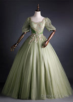 Light Green Tulle With Gold Lace Short Sleeves Prom Dresses, Light Green Sweet 16 Gowns
