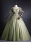 Light Green Tulle With Gold Lace Short Sleeves Prom Dresses, Light Green Sweet 16 Gowns