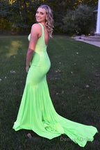 Light Green V Neck Sequins Mermaid Prom Dresses